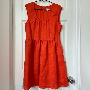 J Crew 100% Linen Orange Fit and Flare sleeveless sheath Dress with pockets 12